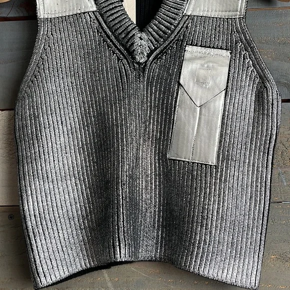 Zoey W. Los Angeles Metallic Knit V Neck Patch Vest Grey Silver - Picture 4 of 12